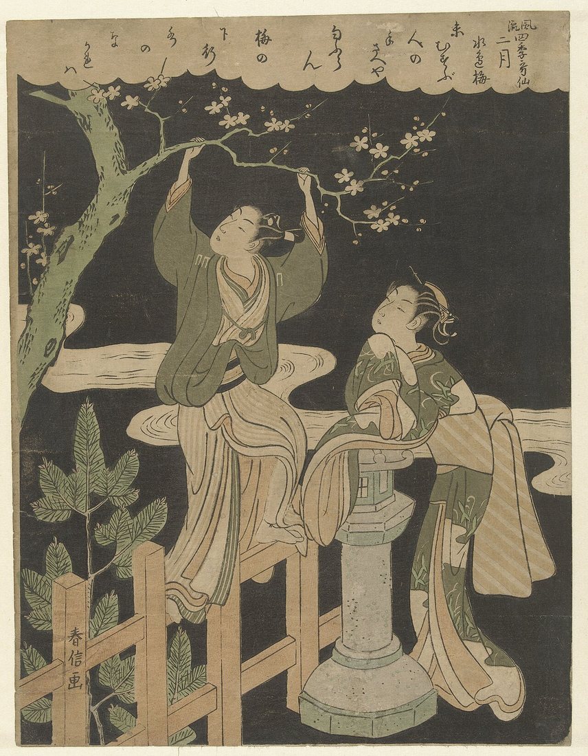 Plum Blossoms by a Streem (February) by Suzuki Harunobu